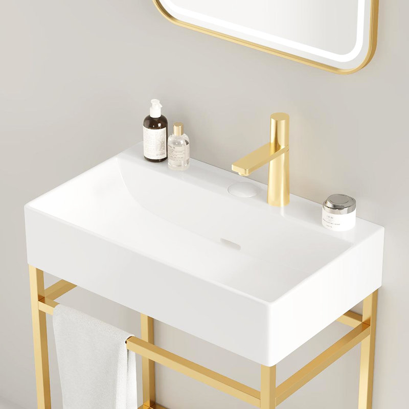 Meuble-lavabo de salle de bain avec lavabo en céramique rectangulaire de 24 po - blanc, console autoportante, pieds en métal, or, tablettes avec rangement, lavabo rectangulaire, ouvert
