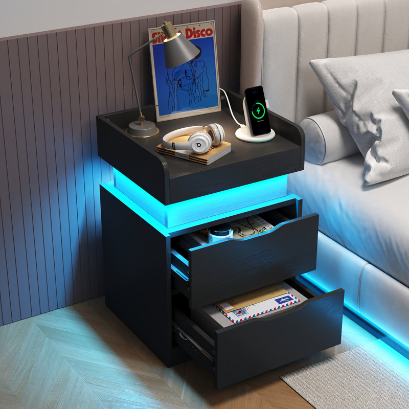 Table de chevet moderne à 2 tiroirs avec station de charge et lumière DEL Lumina, Grain de marbre blanc, Individuel
