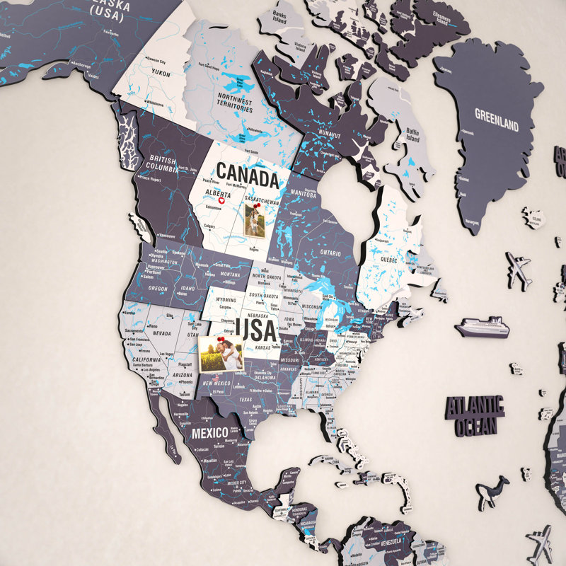 Carte du monde 3D en bois - art mural imprimé UV multicolore, décoration de maison et de bureau moderne, Nimbus