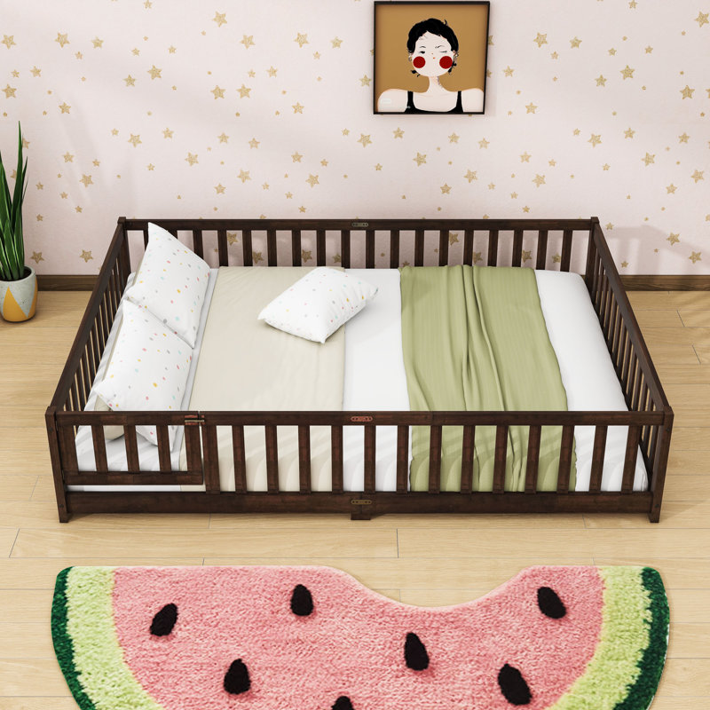 Queen Wooden Floor Bed With Guardrails