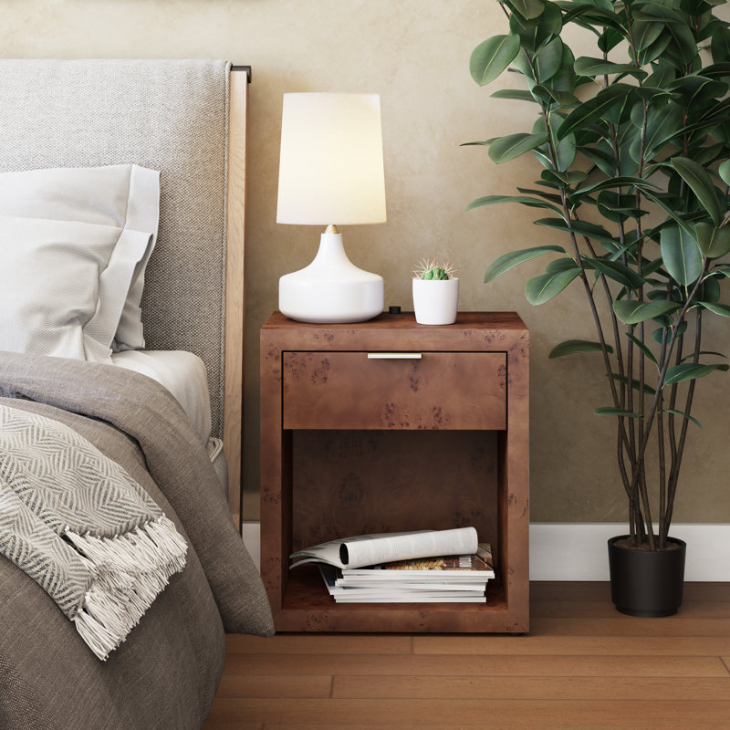Manish Farmhouse Burl Finish Nightstand With Charging Station And Open Shelf, Brown