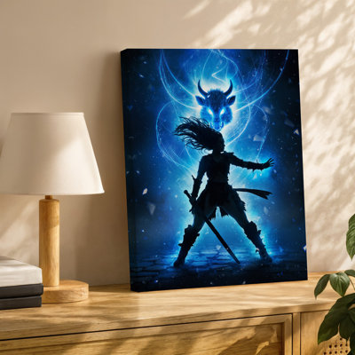 Reproduction d'art sur toile, "Une scène fantastique dynamique" mettant en vedette la silhouette d'un Guerrier debout dans une puissante pose arborant une épée entourée d'art sur toile