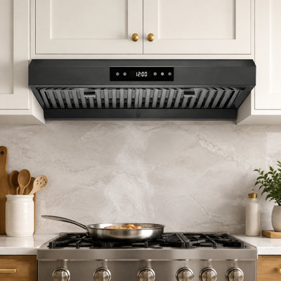 Hotte sous un meuble à conduit 30 pouces 900 CFM VENFAN, évent de cuisine à deux moteurs en acier inoxydable noir, contrôle tactile 4 vitesses, lumières DEL et 3 filtres à chicane