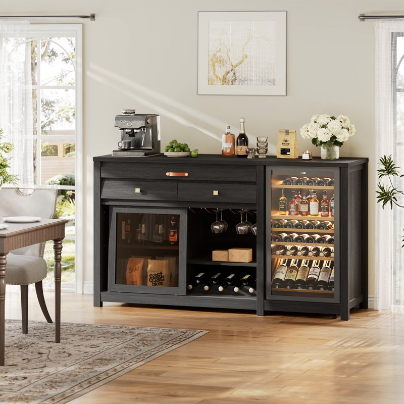 Extra Large Coffee Bar Cabinet With Fridge Space & Power Outlet, Mini Fridge Cabinet With Bar Tray & 2 Drawers & Sliding Door, Buffet Sideboard With Wine Rack & Glass Holder & Adjustable Shelves, Black