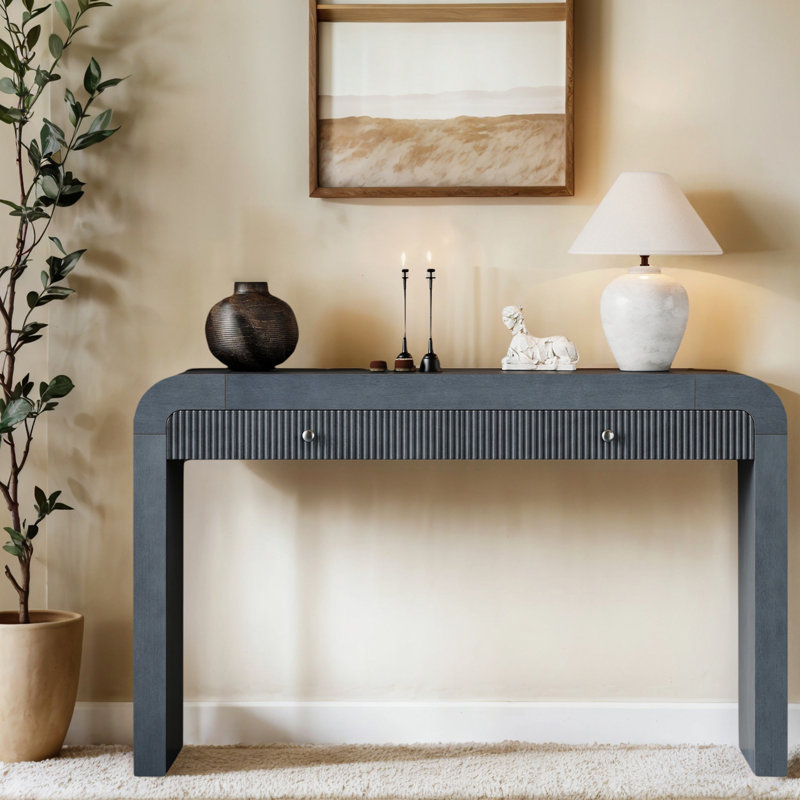 Rustic Entryway Console Table With Fluted Drawer Front – Sturdy Wood Sofa Table With Curved Corners & Chunky Legs, Navy