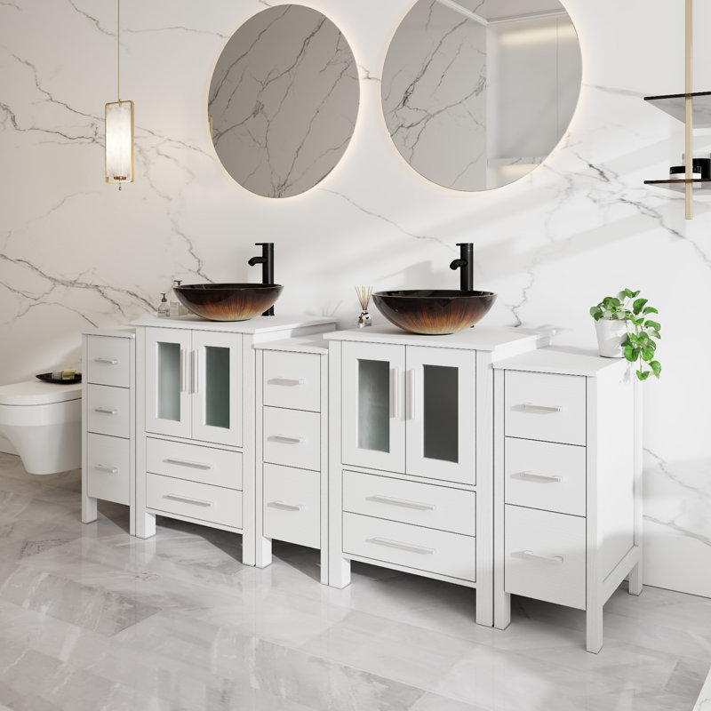 Ensemble de meuble-lavabo double autoportant 84 po avec robinet Veseel 84 po, robinet et bonde escamotable