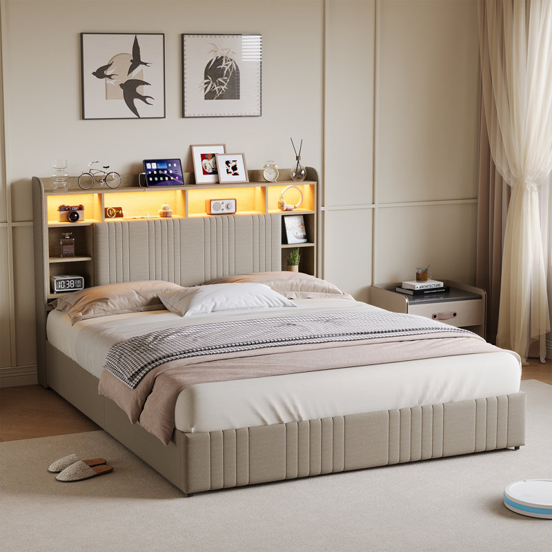Upholstered Storage Bed, Beige, European Kingsize (160 x 200 cm)