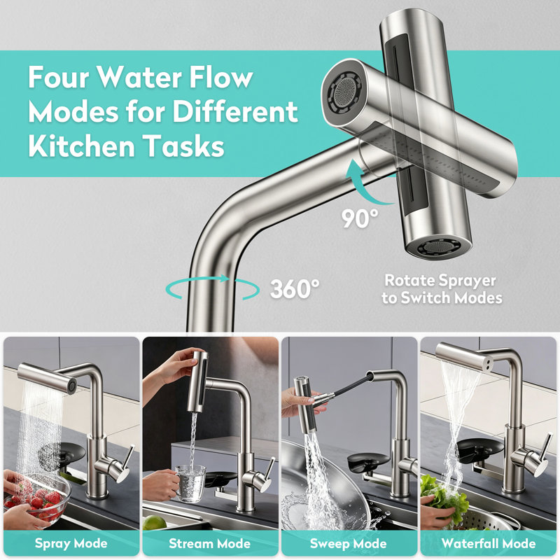 Single Lever Pull-Out Kitchen Mixer Tap With Integrated Glass Rinser, Brushed Nickel