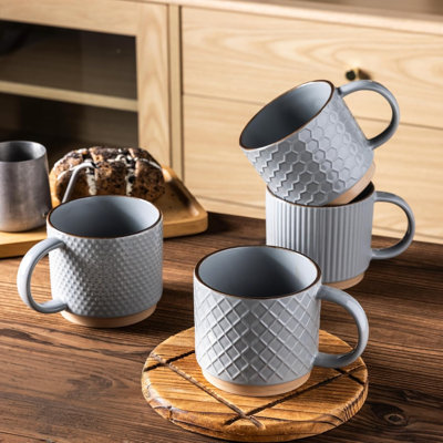 Ensemble de 4 tasses à café en céramique empilables 12 oz texturées pour latte cappuccino cacao, lave-vaisselle et micro-ondes, gris