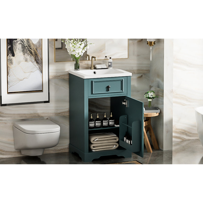 Meuble-lavabo de 20 pouces avec lavabo en céramique, fonction de fermeture silencieuse et rangement intelligent pour les essentiels quotidiens