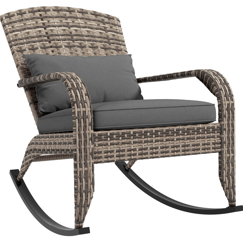 Chaise berçante d'extérieur en osier Adirondack avec dossier haut, coussin de siège et coussin de jardin, véranda, balcon, gris