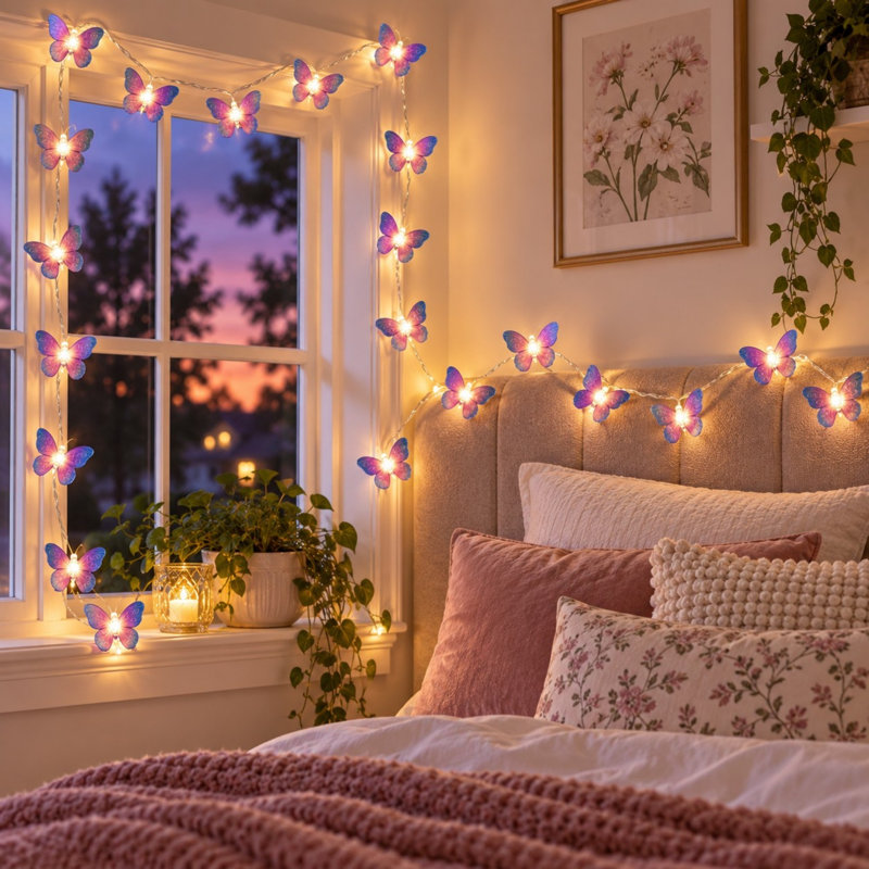 Guirlande lumineuse papillon violette de 3 mètres avec 20 DEL alimentées par piles