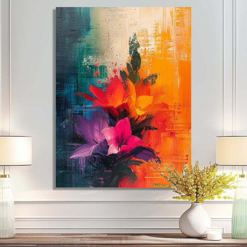 «Blossoming Tropical Flowers Collage», impression d'art floral abstrait, H 32 po x l 16 po x P 1 po, Métal métal