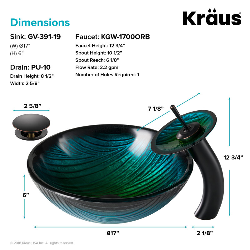 Kraus Nei Glass Bathroom Vessel Sink and Waterfall Faucet Set with Pop-Up Drain, Oil Rubbed Bronze