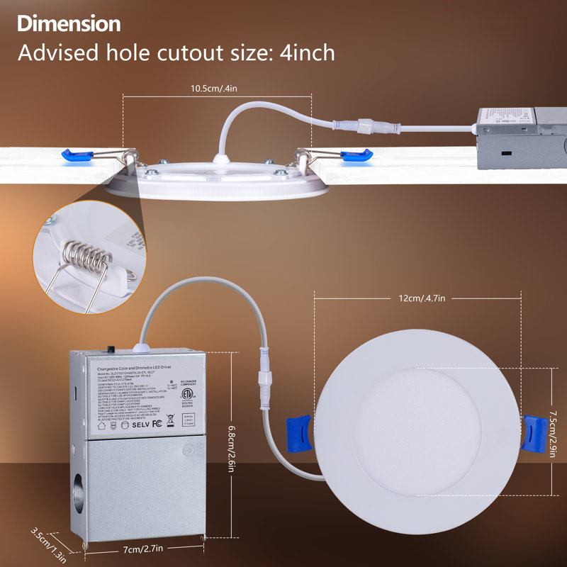 Plafonnier encastré à intensité variable avec sélection 5-CCT, 9W / 12W, 1200LM, 120V, homologué ETL, pour ouvertures de plafond de 6 "/ 6,3" (finition noire / blanche)