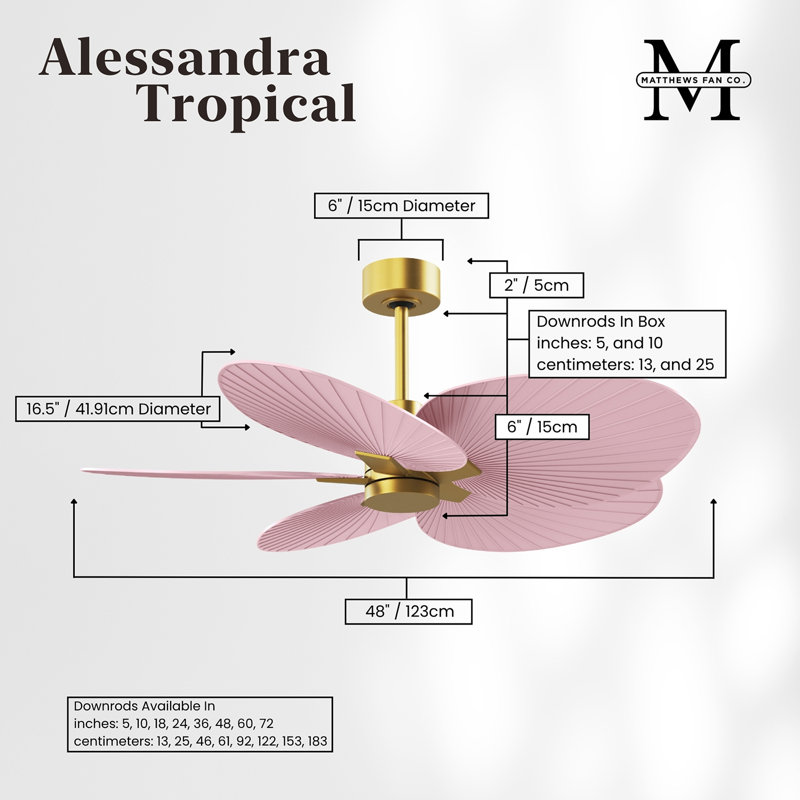 Alessandra - Ventilateur de plafond à cinq pales, Rose clair, Laiton brossé