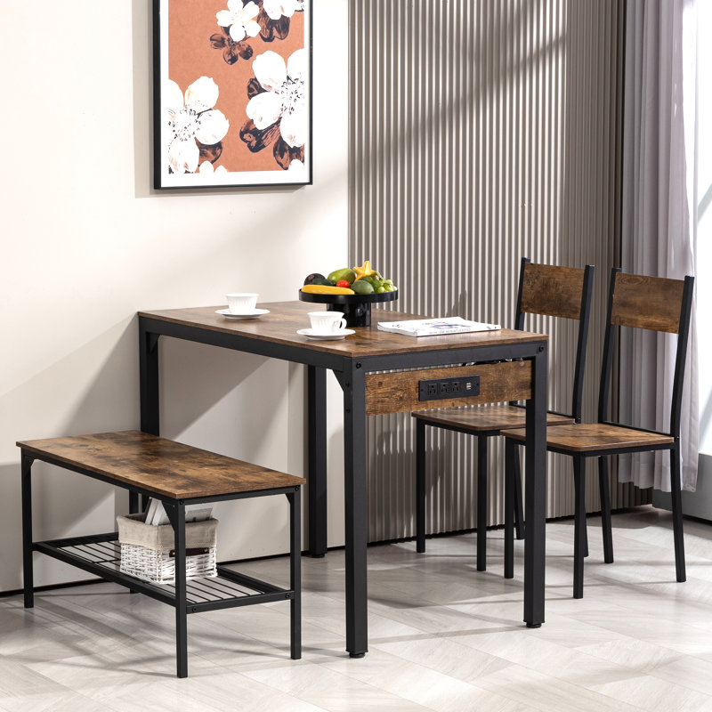 43.3” Dining Table Set for 4 with LED Lights & USB-C Outlet, Modern Kitchen Table with Bench & 2 Chairs, Rectangular Metal Frame Dining Furniture for Small Spaces & Apartments