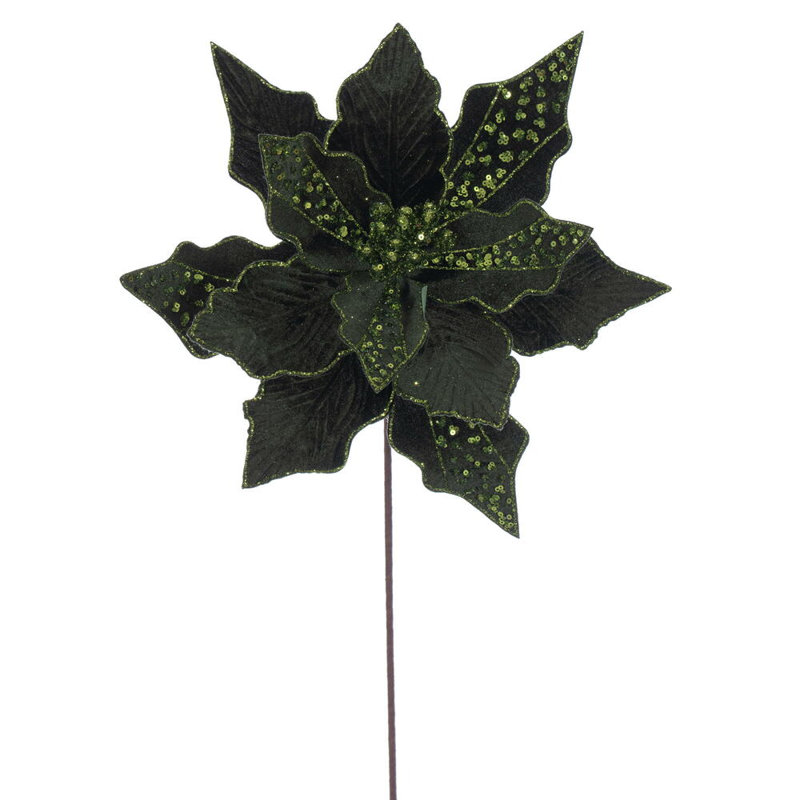 Vickerman 10" x 20" Baby Velvet Striped Poinsettia Stem. It includes three pieces per bag., Green