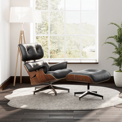 Mid Century Modern Leather Lounge Chair and Ottoman Set, Solid Wood Accent Chair with Aluminum Alloy Base, Upholstered Chaise Lounge Chair for Living Room, Office or Reading Nook