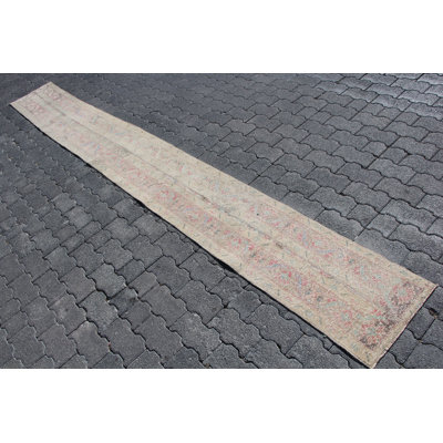 Tapis de couloir rétro en patchwork turc rétro Oushak - Tapis tribal beige en laine pour escalier