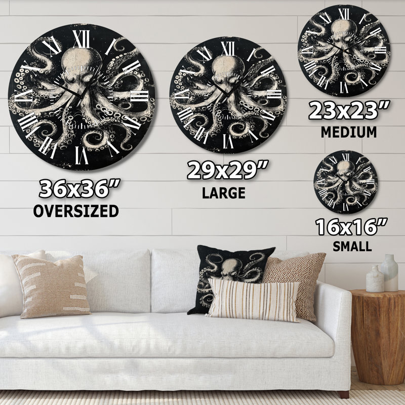Horloge murale en métal silencieux « Octopus in Silver Shadow » - Style nautique, Médium