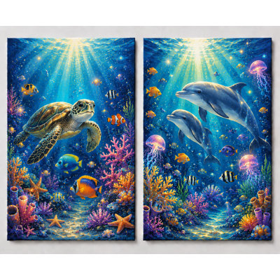Grand ensemble de 2 dauphins et tortues de mer, art mural pour chambre de bébé, décor de toile sous-marine océan pour chambre de bébé garçons, impression sur toile 16 x 24 pouces - prête à être accrochée