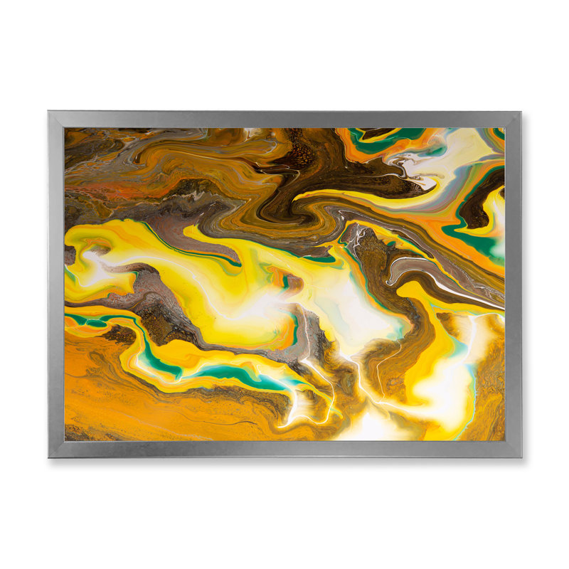 Kaki vif et marbre jaune - peinture sur toile, H 30 po x l 40 po, Cadre photo argenté