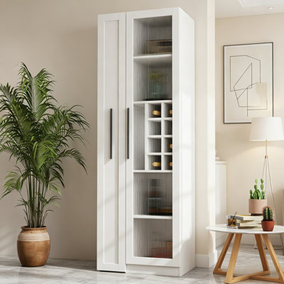 Farmhouse Glass Door Kitchen Pantry Bar Cabinet with Multi-Tier Pull-Out Storage Shelves, Multifunctional Pantry Organizer for Kitchen Dining Room Home Bar