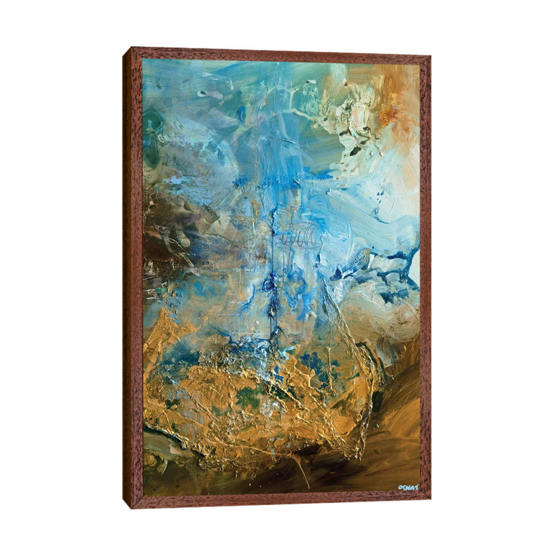 The Golden Planet by Osnat Tzadok - Painting on Canvas, 66.04cm H x 45.72cm W x 3.81cm D, Classic Brown Wood Floater Framed
