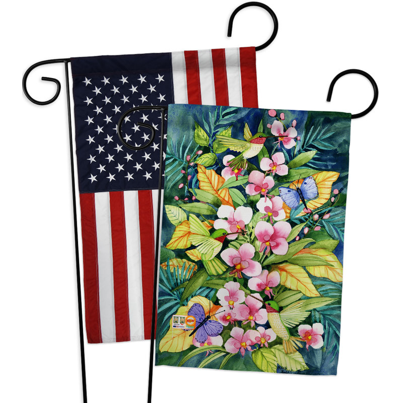 Orchidées et colibris polyester à 2 côtés 19 x 13 po drapeau de jardin