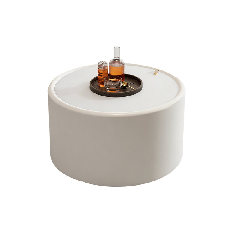 Table basse ronde avec plateau en verre trempé, structure en similicuir et rangement caché pour le salon, Blanc, crème