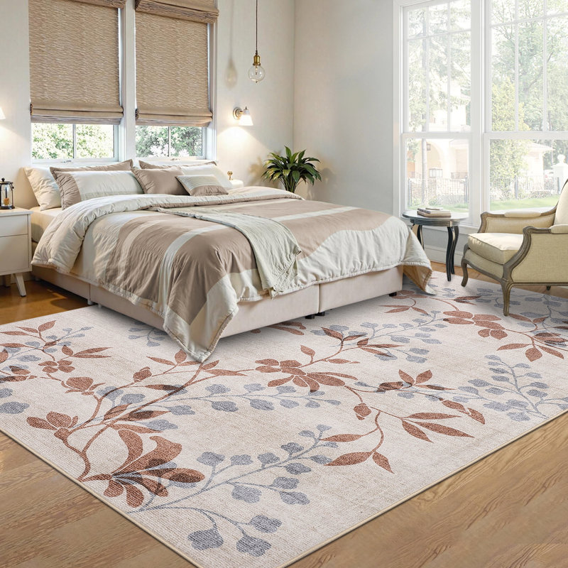 Floral Machine Washable Rug with Non-Slip Backing, Stain-Resistant Soft Low Pile Floor Mats, Foldable Farmhouse Indoor Carpet for Bedroom, Nursery