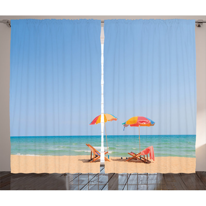 Relaxing Scene on Vacation Beach Palm Tree Chairs and Boats 2 Piece Semi Sheer Curtain Set, Turquoise/Beige, 280 W x 225 D cm