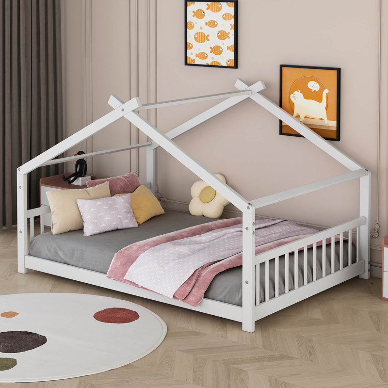 Aby House Platform Bed with Headboard and Footboard,Roof Design, White, Full