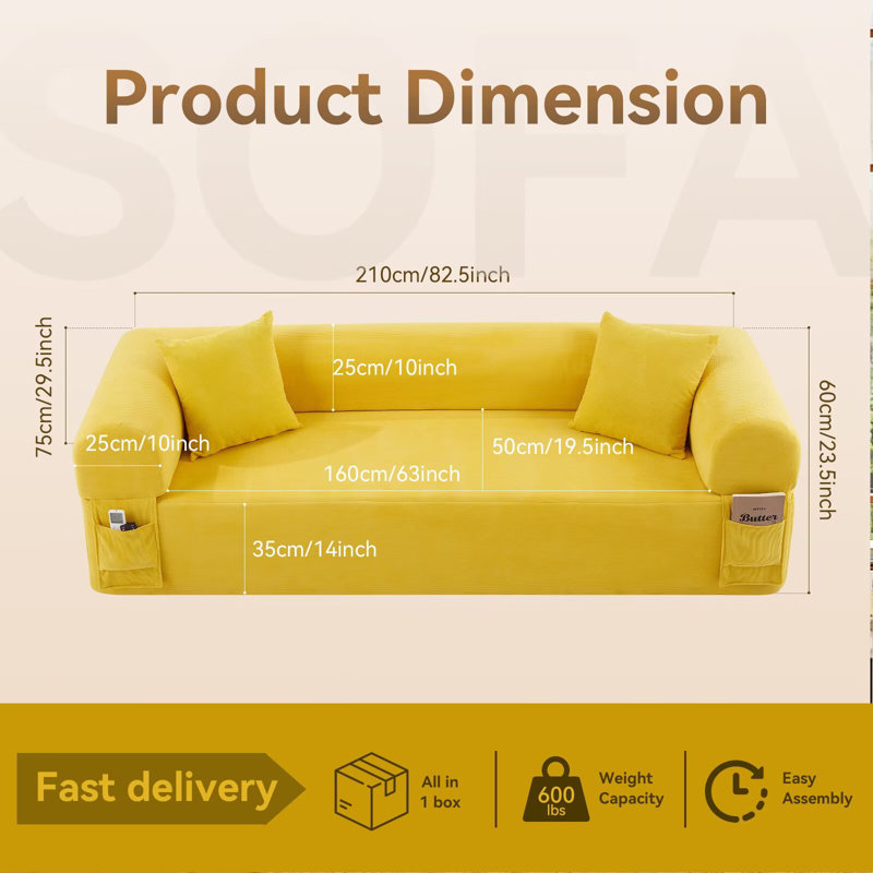 Floor Couch - 3 Seats Compression Sofa with Pillows Hybrid Sofa Pocketed Spring, Yellow