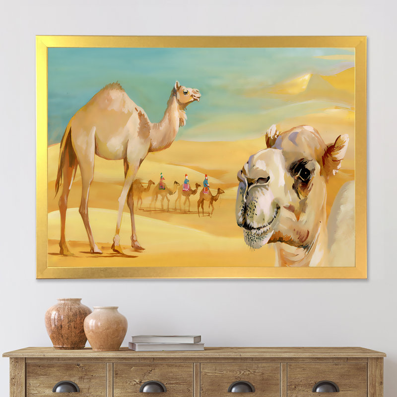Chameaux dans le désert - Peinture sur toile, H 12 po x l 20 po x P 1,5 po, Toile encadrée d'or