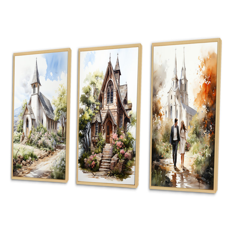 «White Wedding Chapel Rustic Spring Watercolor», ensemble de 3 impressions, Cadre naturel flottant, H 40 po x l 60 po