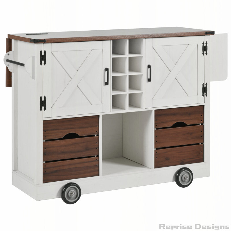 Chariot de rangement pour îlot de cuisine 54 "avec rallonge, prise de courant Farmhouse, Blanc
