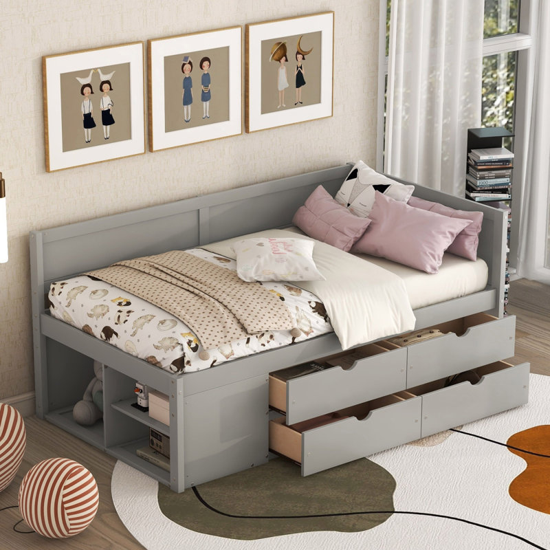 Lit de jour simple avec tiroirs et tablettes, gris, Gris, Simple