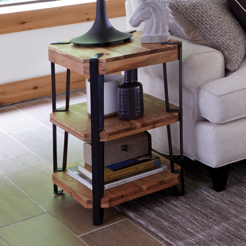 Tindal 28" H Industrial Modern Farmhouse Solid Wood Metal End Table With 2 Shelves