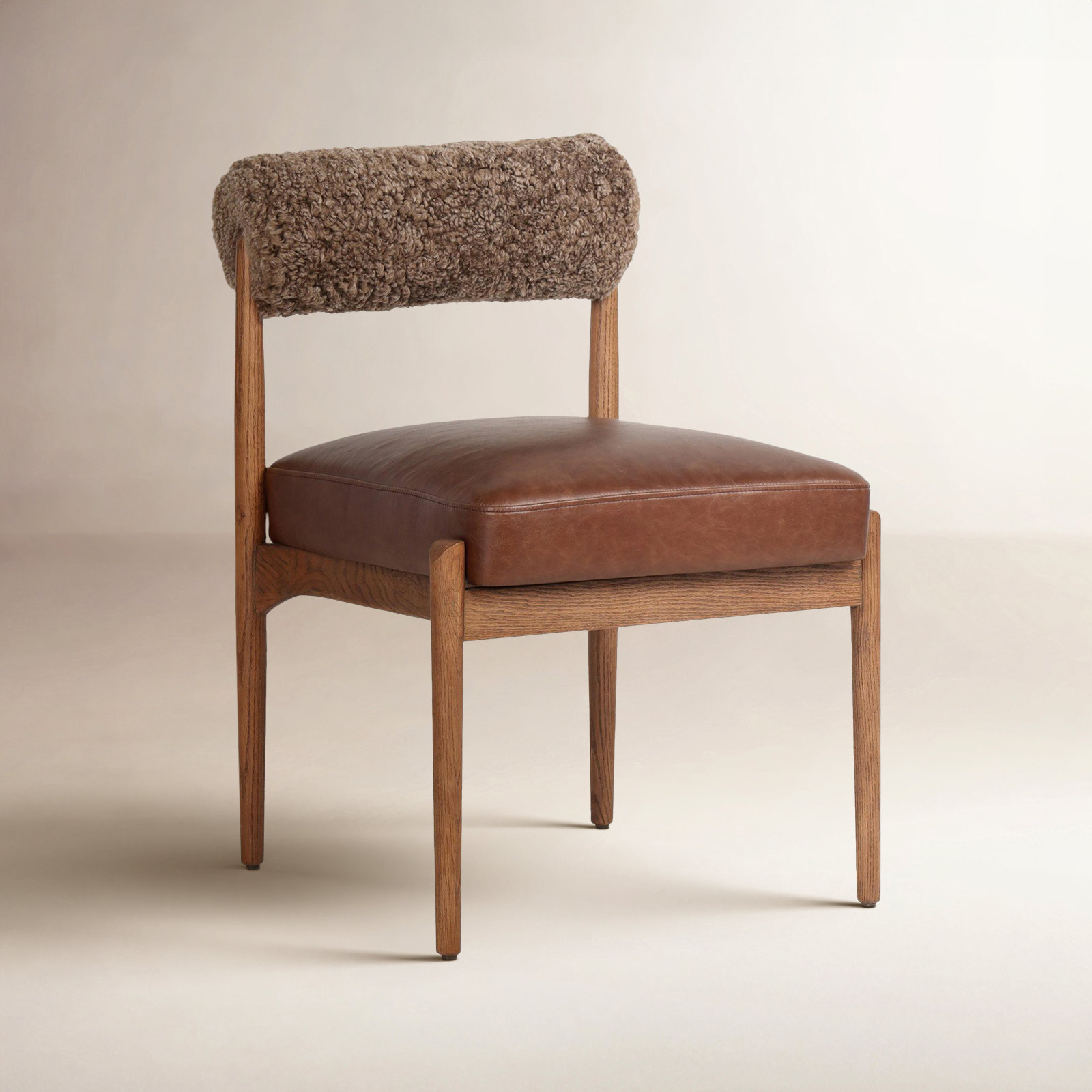 Nonie Genuine Leather Oak Dining Chair, Havana Brown Teddy Fabric