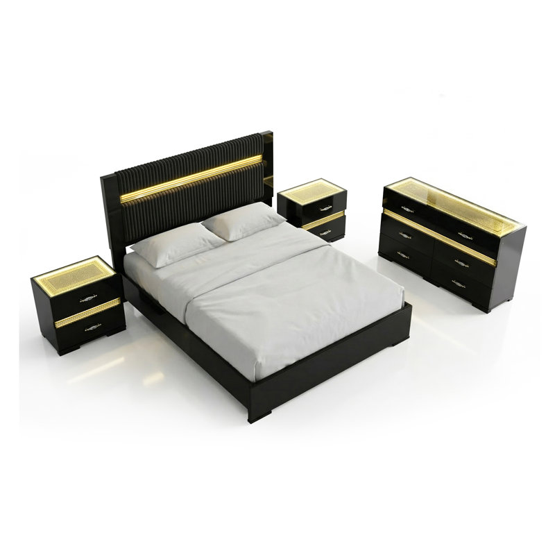 Ensemble de chambre à coucher 4 pièces avec DEL Brigette, Ensemble de quatre pièces : lit, deux tables de c, Grand lit