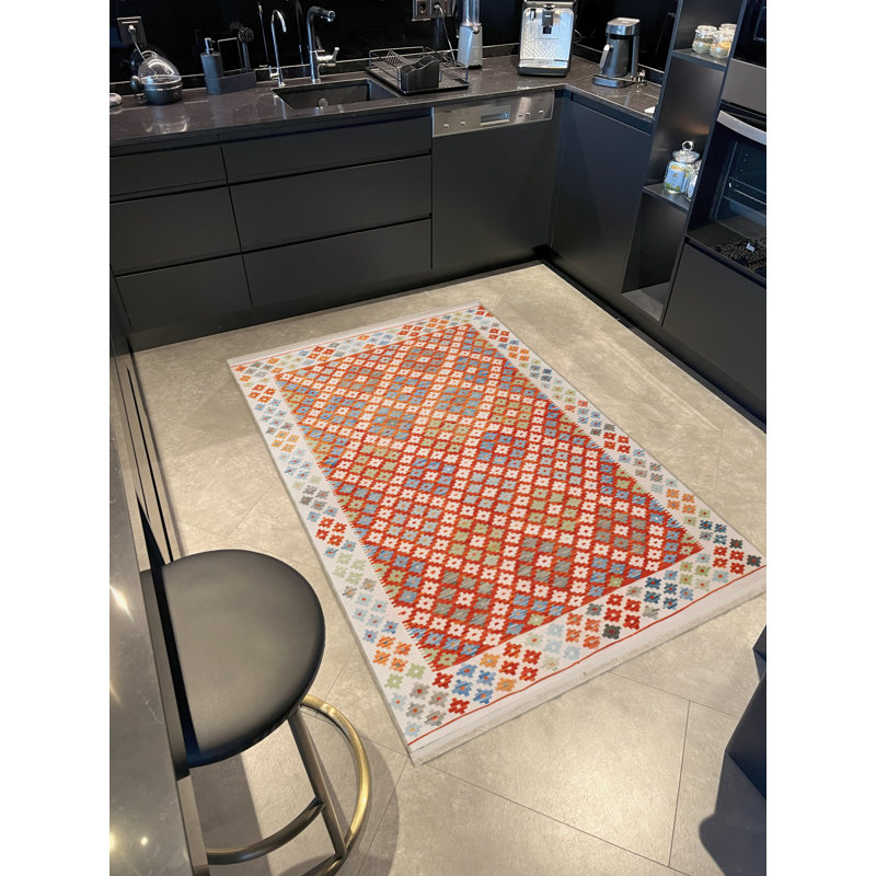 Tapis décoratif bleu / rouge à motif traditionnel, Tapis de couloir 3 pi 9,81 po x 9 pi 10,11 po