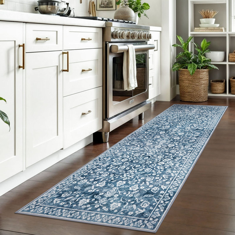 Blue Machine Washable Rugs for Bedroom Non-Slip Low Pile Throw Rugs with Rubber Backing Washable Carpet, Runner 2' x 7'