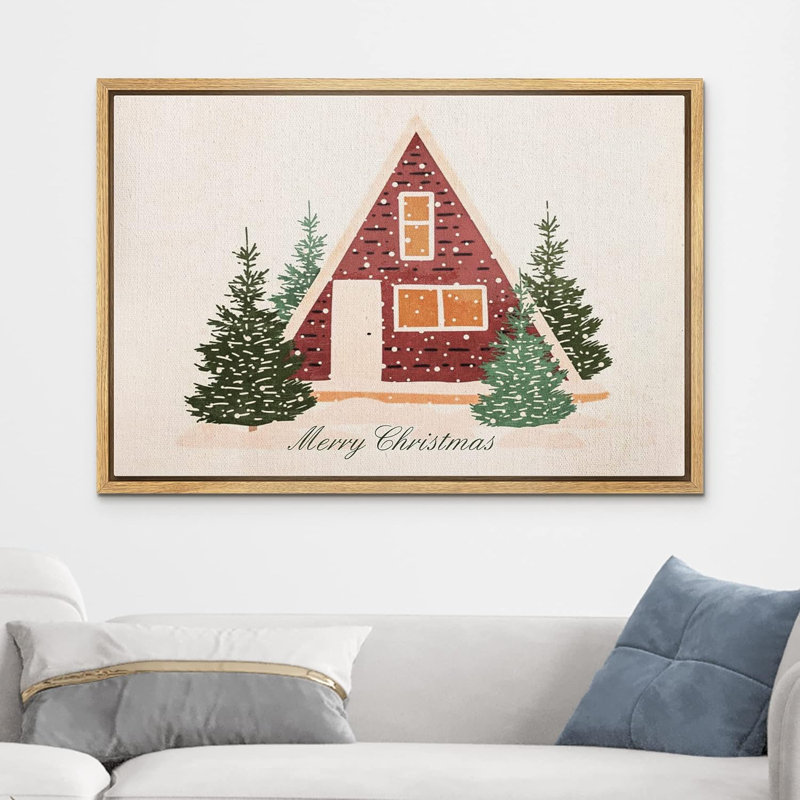 Merry Christmas Winter Log Cabin Celebrations & Holiday Decor Art moderne, H 24 po x l 36 po, Cadre naturel flottant