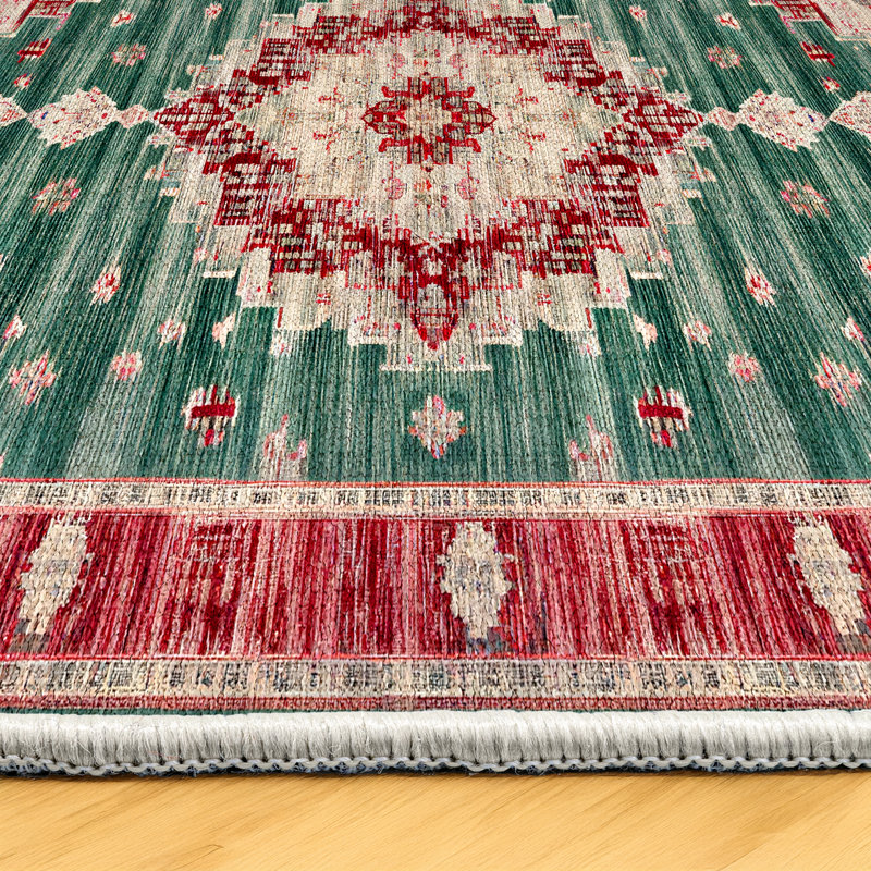 Tapis en coton à imprimé oriental beige et vert Otto, Rond 3 pi 4 po