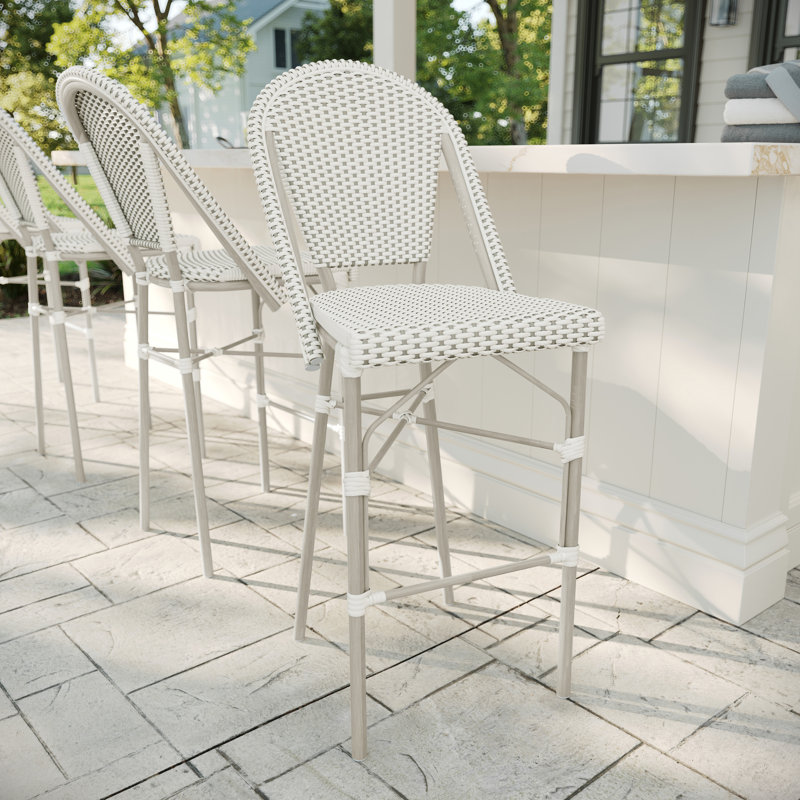 Gray and White Woven Rattan Indoor-Outdoor Bistro Bar Stool