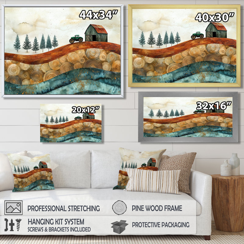 Winter Barn with Tractor Landscape On The Of The V - ferme, art mural sur toile, H 34 po x l 44 po, Doré