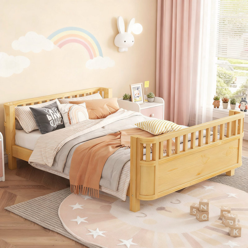 Lit plateforme double en bois, Double, Naturel