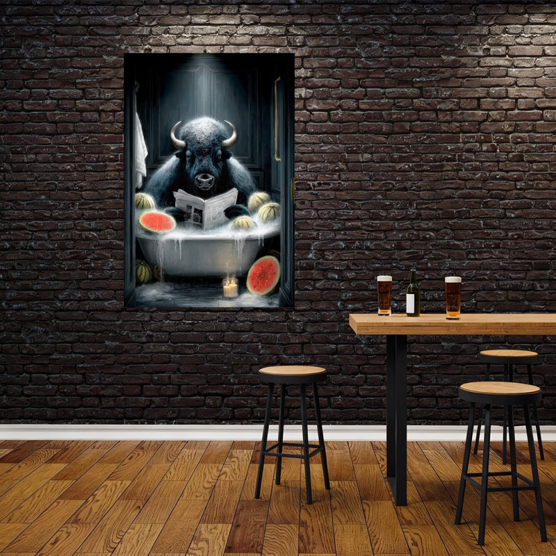 Bison Bath Time Surreal Whimsical Contemporary Bison Animal Fruit Wall Art Print 1 Piece Wrapped Canvas Wall Art